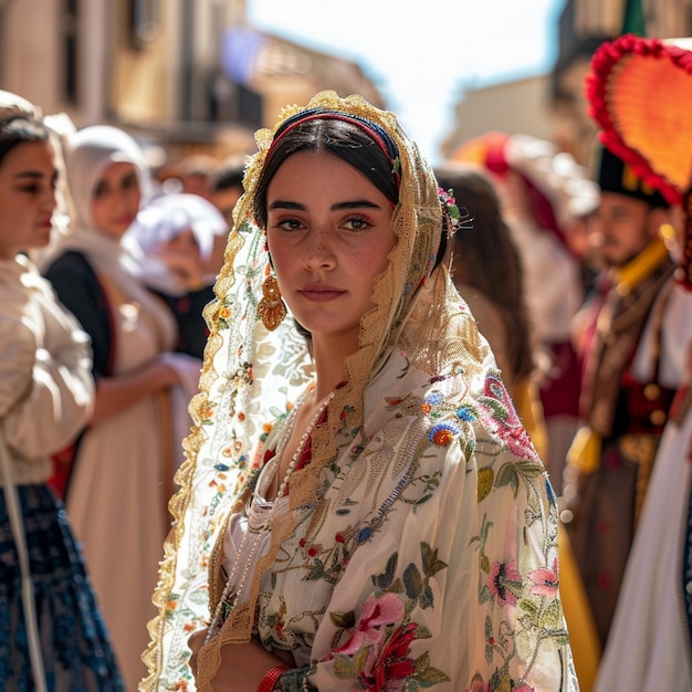 Religious Procession in Huelva Traditional Costume Woman in Crowd