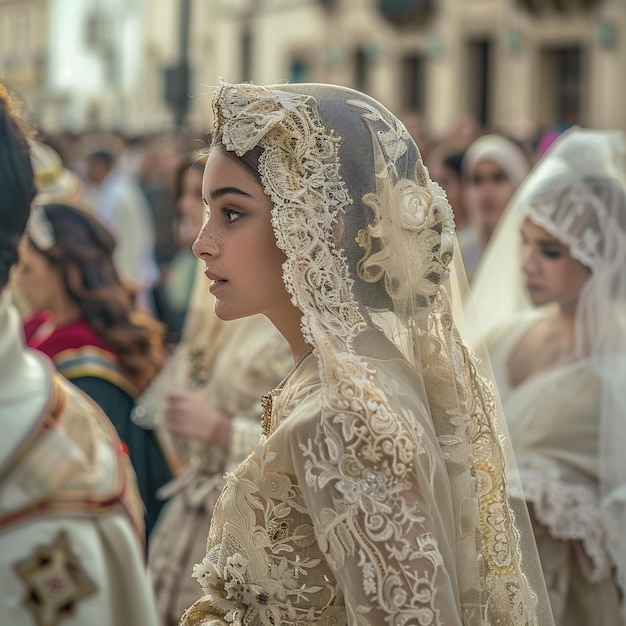 Religious Procession in Huelva Woman in Wedding Dress with Veil