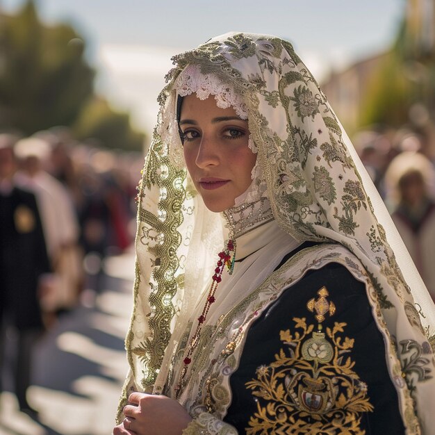 Religious Procession in Huelva Woman in White and Black Dress and Veil