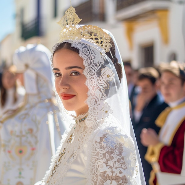 Religious Procession in Huelva Woman in White Wedding Dress and Veil