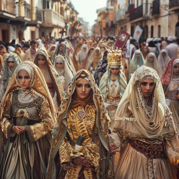 Religious Procession in Huelva Women in Traditional Costume Walking Down Street