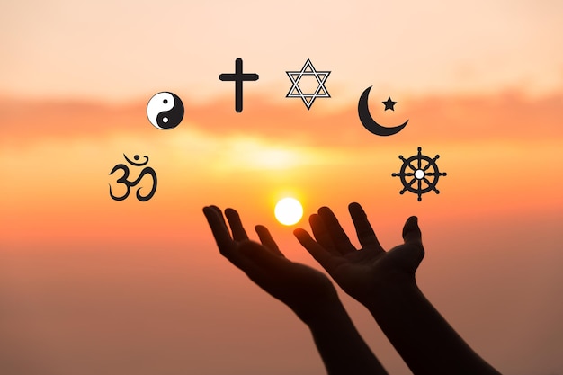 Religious symbols Christianity cross Islam crescent Buddhism dharma wheel Hinduism aum Judaism David star Taoism yin yang world religion concept Prophets of all religions bring peace to world