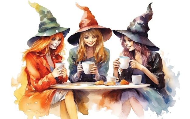 Relocation of witches drinking coffee and talking on transparent background Ai generative