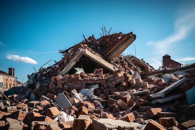 The remains of a destroyed brick building