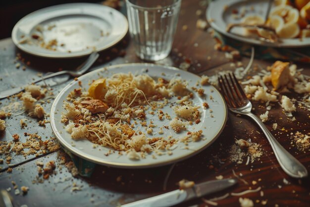 The remains of food in plates crumbs on the table after lunch or dinner