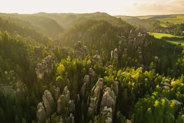 Remains of rock city in Adrspach Rocks part of AdrspachTeplice landscape park in Broumov Highlands region of Czech Republic Aerial photo Czech mountains landscape