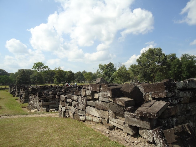 Remains of the ruins at Buddhist Prambanan temple complex the largest temple in, Indonesia.