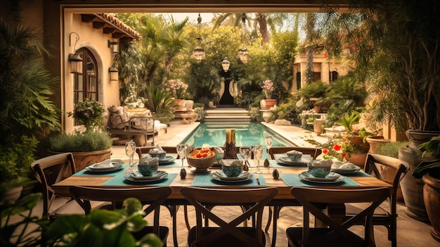 A remarkable image of an exquisite alfresco dining setup nestled within a lavish poolside villa garden for an unforgettable summer soiree