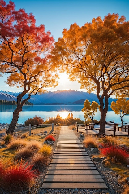 Remarkable landscape of colorful autumn Wanaka Lake with sunrise in the fresh morning ai image