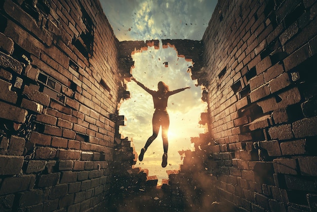 Photo a remarkable moment of liberation someone breaches a brick wall embracing freedom amidst swirling dust and a glowing sky