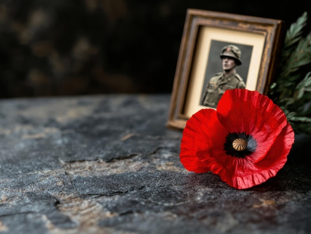 Photo remembrance day poppy and military portrait