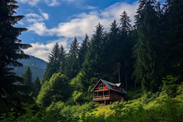 Remote cabin nestled in a forest clearing surrounded by towering trees