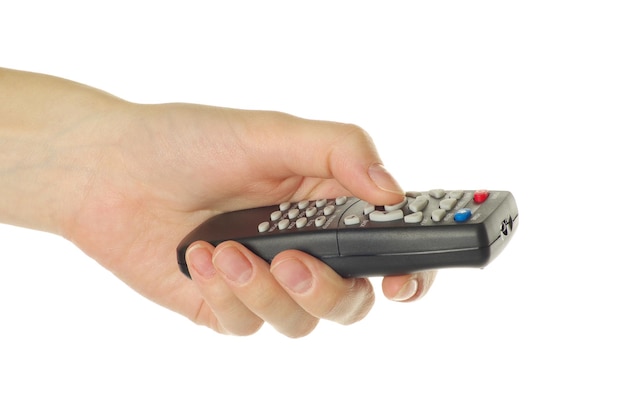 Remote control in hand isolated on white background