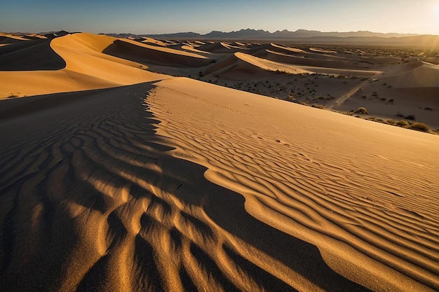 Remote desert landscape with sand dunes and harsh sunlight