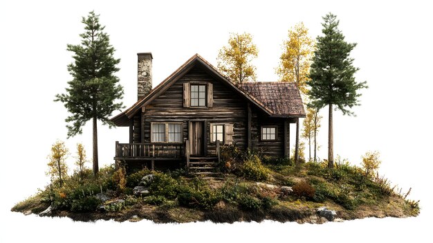 Photo remote house deep in the woods isolated on white background vintage