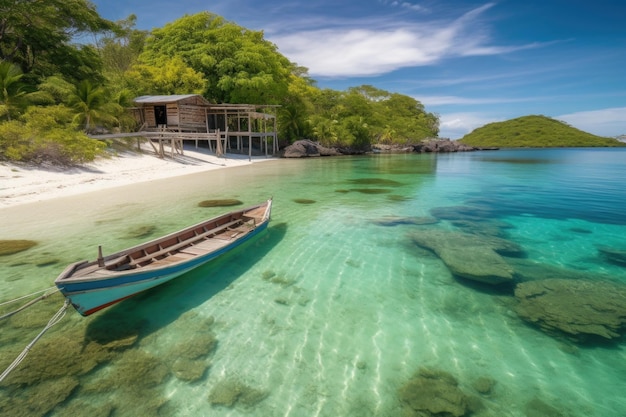 Remote island getaway with crystalclear water and tropical fish created with generative ai