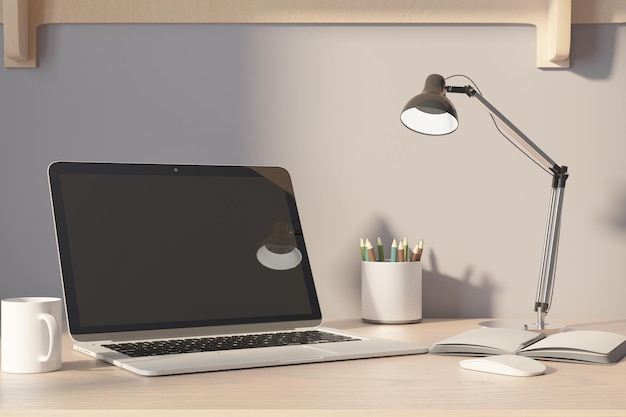 Remote operation concept with opened laptop on wooden table beige wall lamp coffee mug and notebook 3D rendering