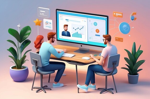 Remote team working concept vector Work from home illustration in flat style design Remote business control and project management Freelance job Social network and internet friends concept