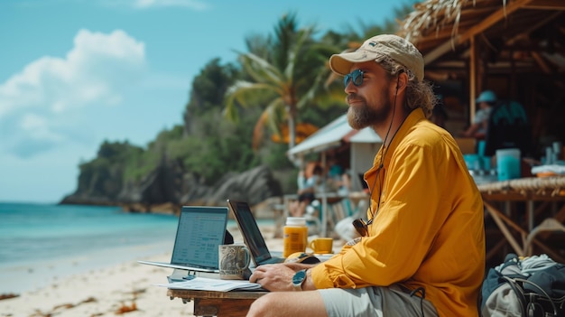 Remote work beach in beautiful style Tropical island Internet technology Generative AI