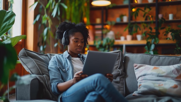 Remote work in a cozy living room