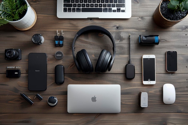 Photo remote work essentials organized desk setup with noisecanceling headphones portable chargers