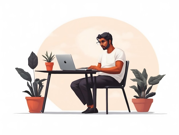 Remote work freelance Vector illustration working on laptop at her house