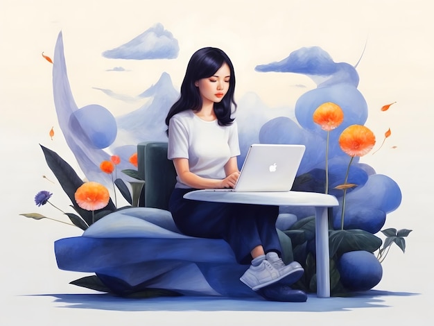 Remote work freelance Vector illustration working on laptop at her house