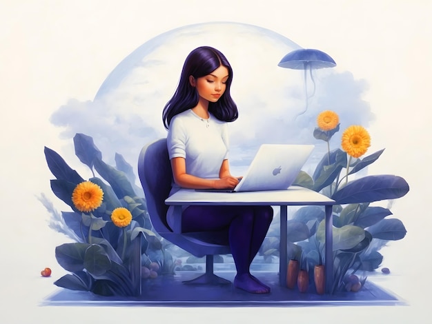 Remote work freelance Vector illustration working on laptop at her house