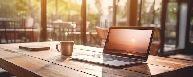 Remote Work Setup with Laptop in Sunlit Cafe