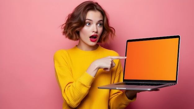 Photo remote worker presenting laptop with blank screen