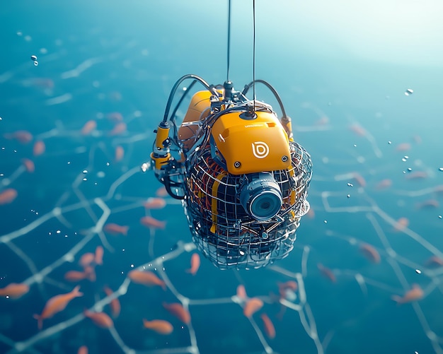 Photo a remotecontrolled underwater vehicle inspecting fish cages in a deepsea fish farm