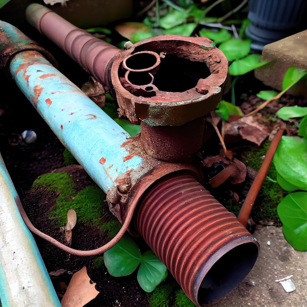 Removal of old rusty metal pipes with garden hose replacement of downpipes in the city created with