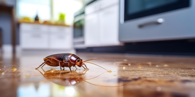 Photo remove cockroaches from kitchen floor through effective pest control methods concept pest control kitchen cleanliness cockroach infestation prevention methods