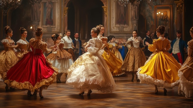 Renaissance dancers in elegant ballroom attire