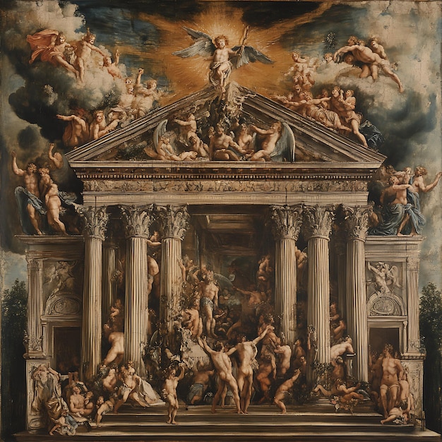 Photo a renaissance painting of a classical temple with figures surrounding it