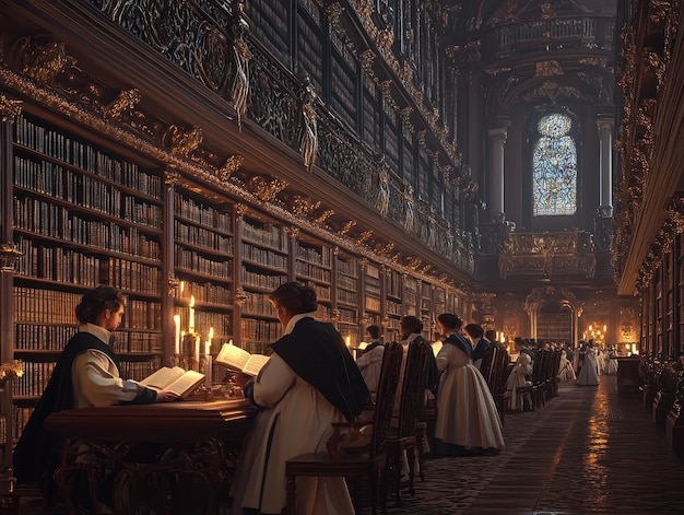 Photo renaissance scholars studying ancient texts by candlelight in a grand library