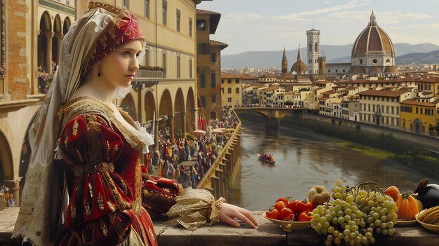 Photo renaissance woman gazing at the cityscape