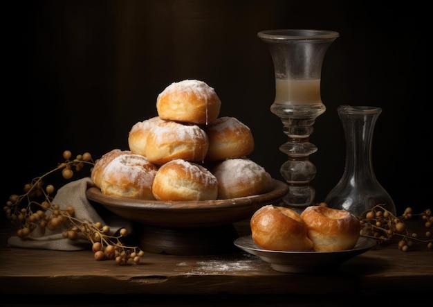 Photo a renaissanceinspired still life composition featuring sufganiyot with soft diffused lighting and