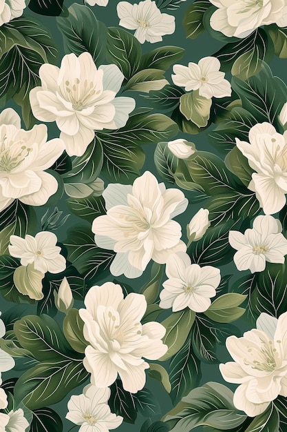 RenaissanceInspired White Flowers and Green Leaves Pattern