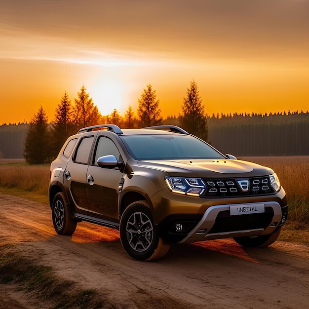 the renault terrax suv parked on a dirt road in front of a forest at sunset with an orange sky background