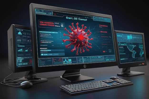 render of a 3d generated computer with virus alert on the screen Screen graphics are made up