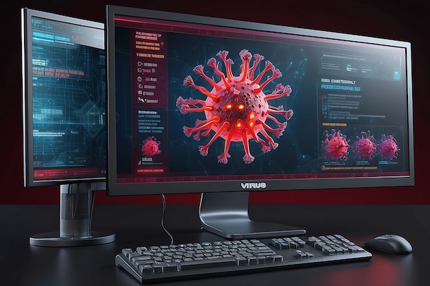 render of a 3d generated computer with virus alert on the screen Screen graphics are made up