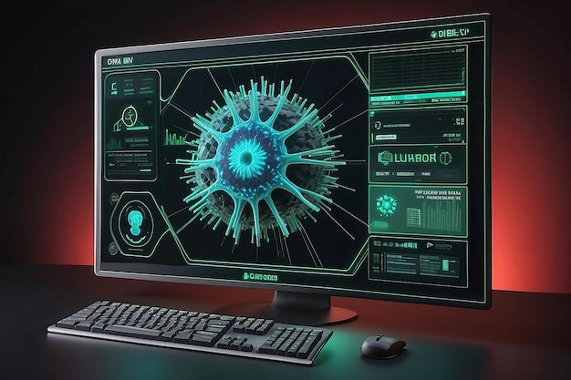 render of a 3d generated computer with virus alert on the screen Screen graphics are made up