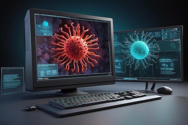 render of a 3d generated computer with virus alert on the screen Screen graphics are made up