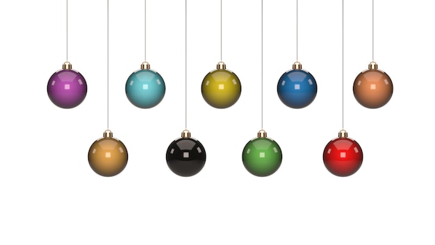 Render 3d, set of colored balls to decorate Christmas tree. 3d render