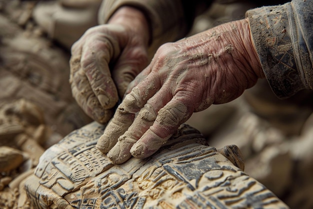 Render a close up view of an archaeologists hands generative ai