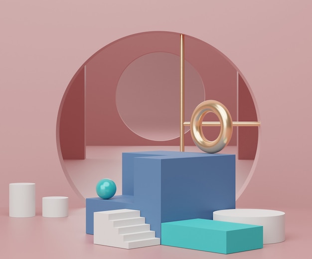 Render scene of geometric minimal shapes and podium