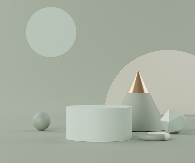 Render scene of geometric minimal shapes and podium