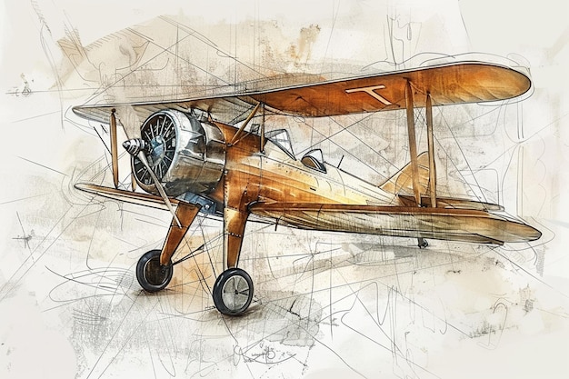 Photo render a sketch of a vintage biplane with t inscri generative ai