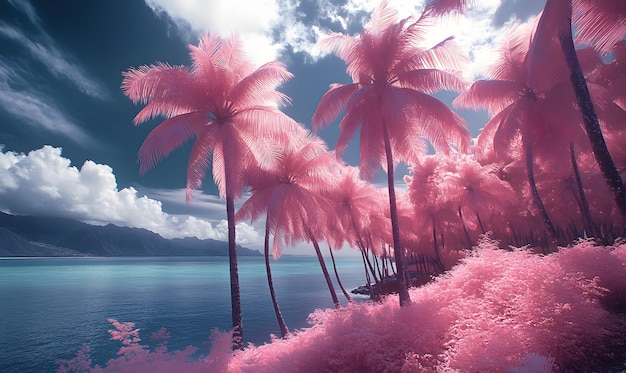 Render a surreal tropical island scene where palm trees glow in radiant hues of pink and purple